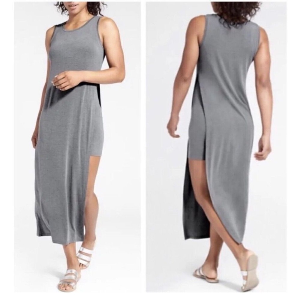 Athleta Gaia Layered Maxi Dress Heather Gray XXS Side Slit Sleeveless. NWOT